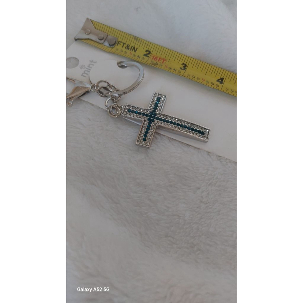 Teal and Silver Rhinestone Cross Keychain - Picture 2 of 3